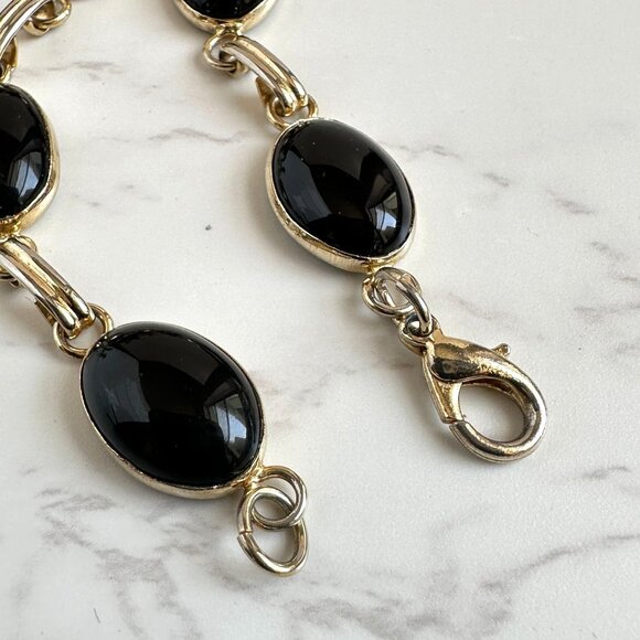 Gold Plated Sterling Silver Bracelet with Black Onyx Cabochons – Link Bracelet - Picture 4 of 5